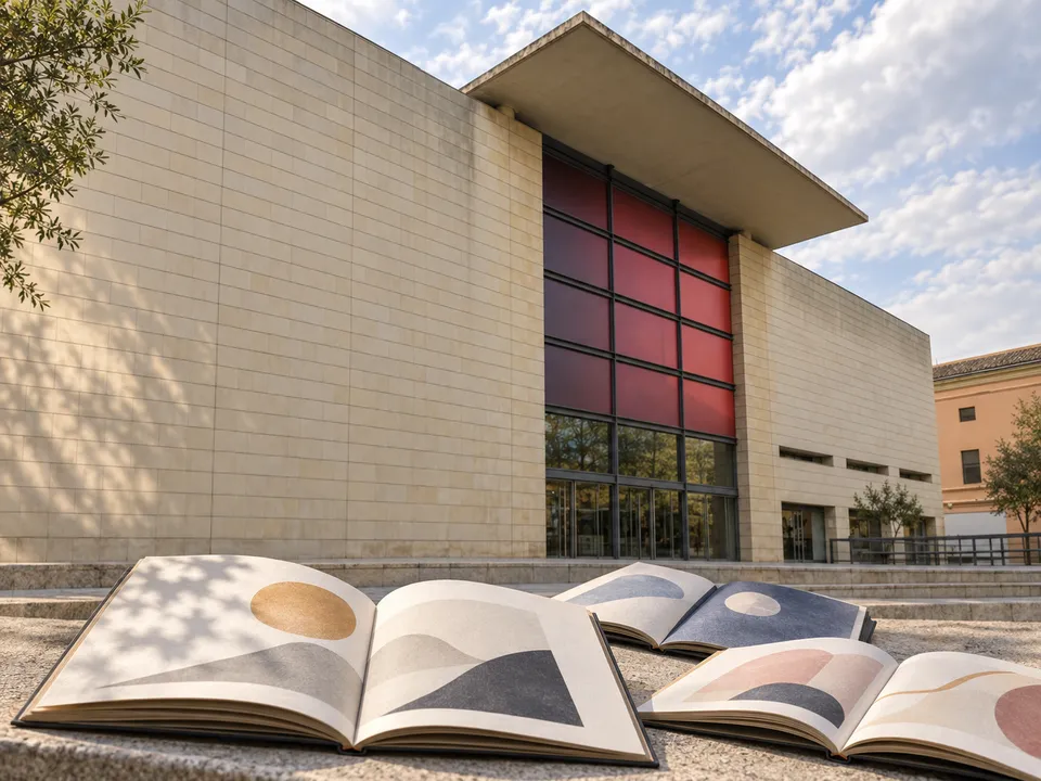 AI-generated illustration: IVAM façade with open picture books showing gentle abstract shapes in the foreground.