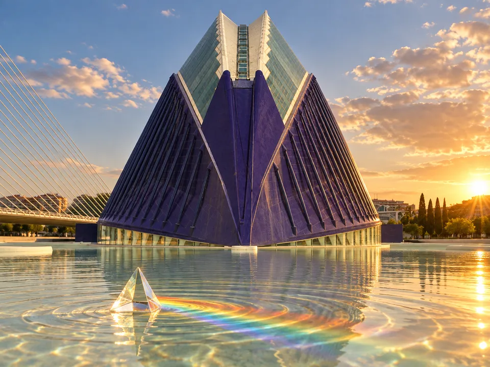 AI-generated illustration: CaixaForum València exterior with a prism, soft spectrum and concentric ripples suggesting science challenges.