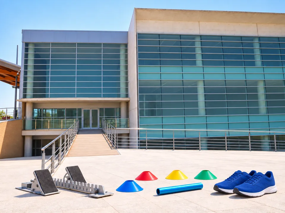 AI-generated illustration: empty Centro Deportivo Parc Central exterior with starting blocks, cones, a relay baton and running shoes.