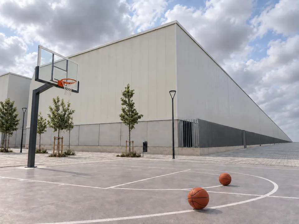 AI-generated illustration: empty basketball training court beside the neutral exterior of L’Alqueria del Basket.