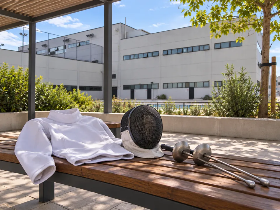 AI-generated illustration: fencing mask, white jacket and two practice foils arranged at the Benimaclet sports venue.