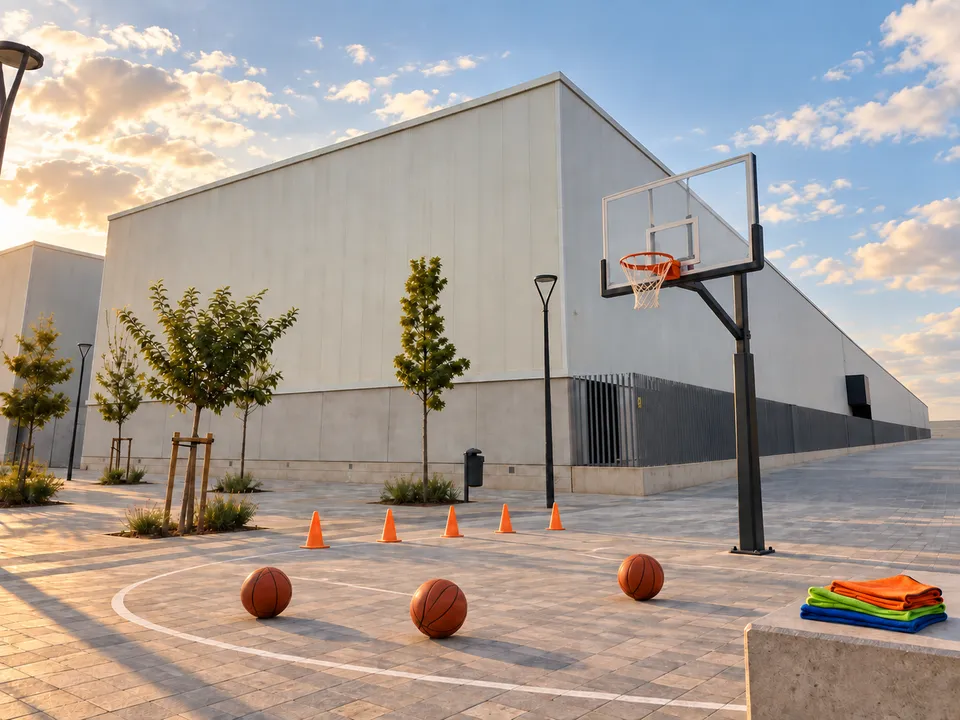 AI-generated illustration: empty Valencia basketball school practice setup with a hoop, balls, cones and blank bibs.