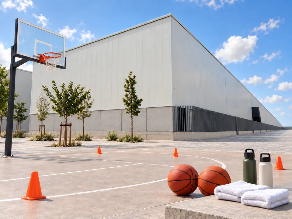 AI-generated illustration: sunny empty basketball summer-camp court with balls, cones, towels and water bottles.